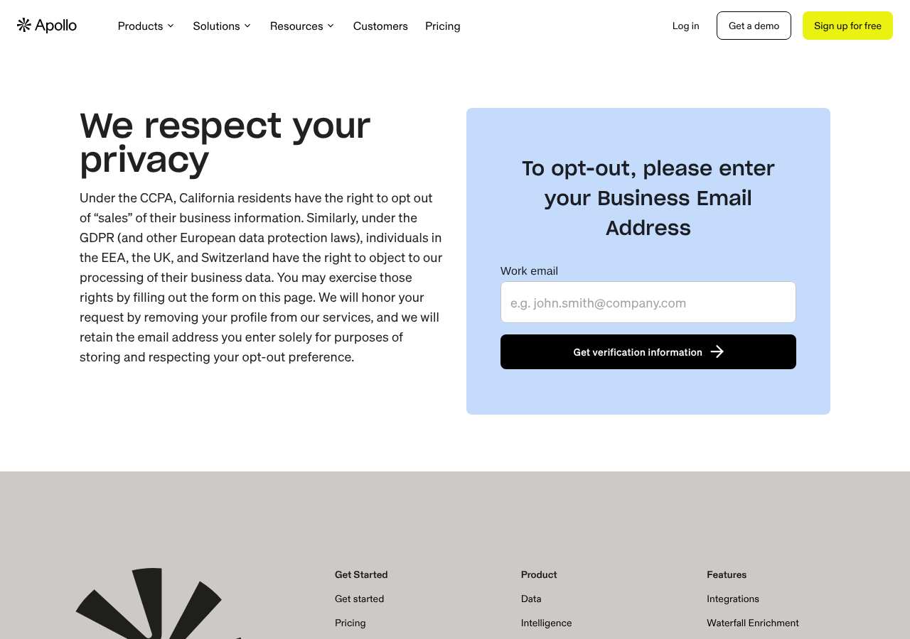 Apollo opt-out page as loaded on October 5, 2026