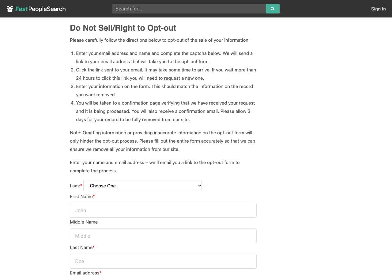FastPeopleSearch opt-out page as loaded on October 5, 2026