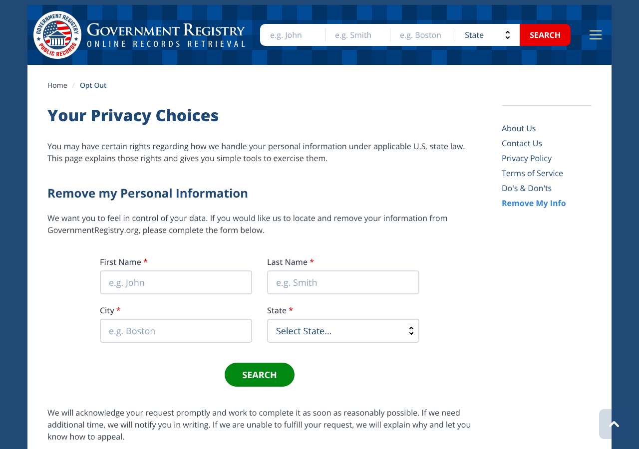 GovernmentRegistry.org opt-out page as loaded on October 5, 2026