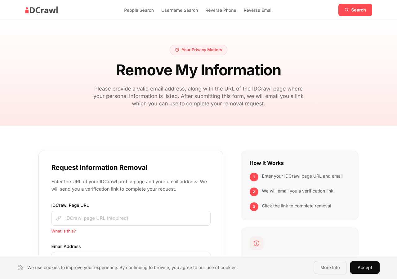 IDCrawl opt-out page as loaded on October 5, 2026