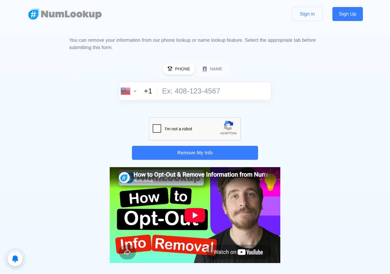 NumLookup opt-out page as loaded on October 5, 2026