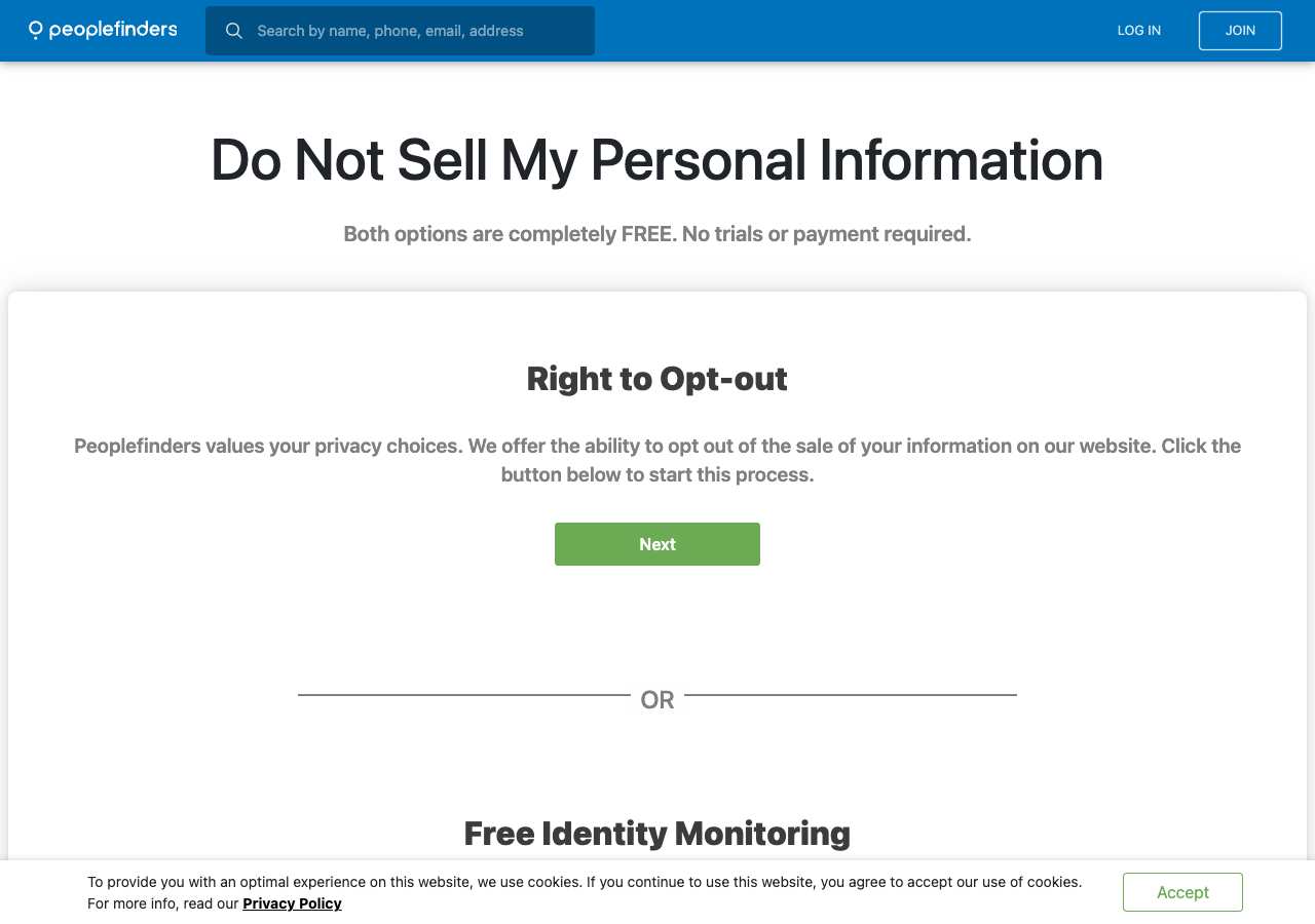 PeopleFinders opt-out page as loaded on October 5, 2026
