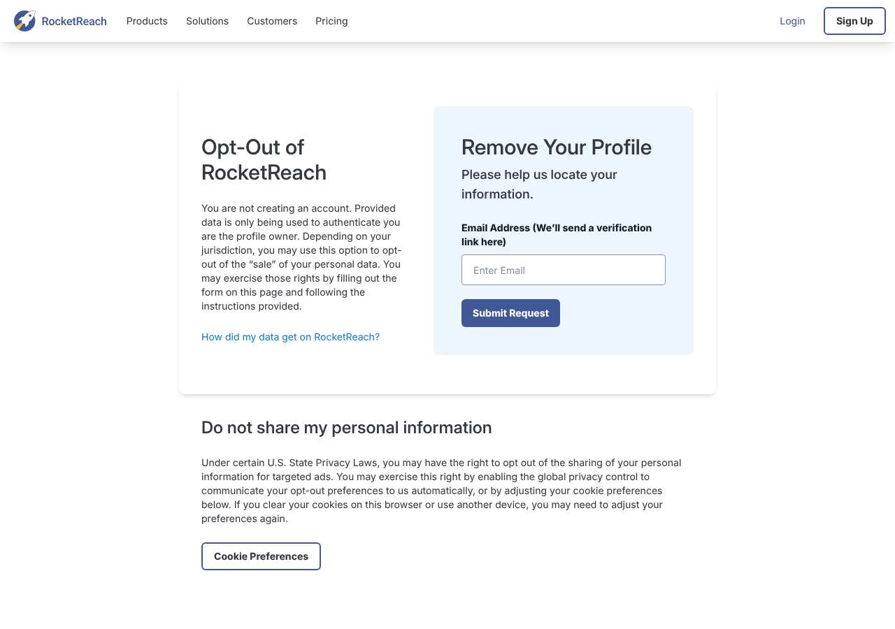 RocketReach opt-out page as loaded on October 5, 2026