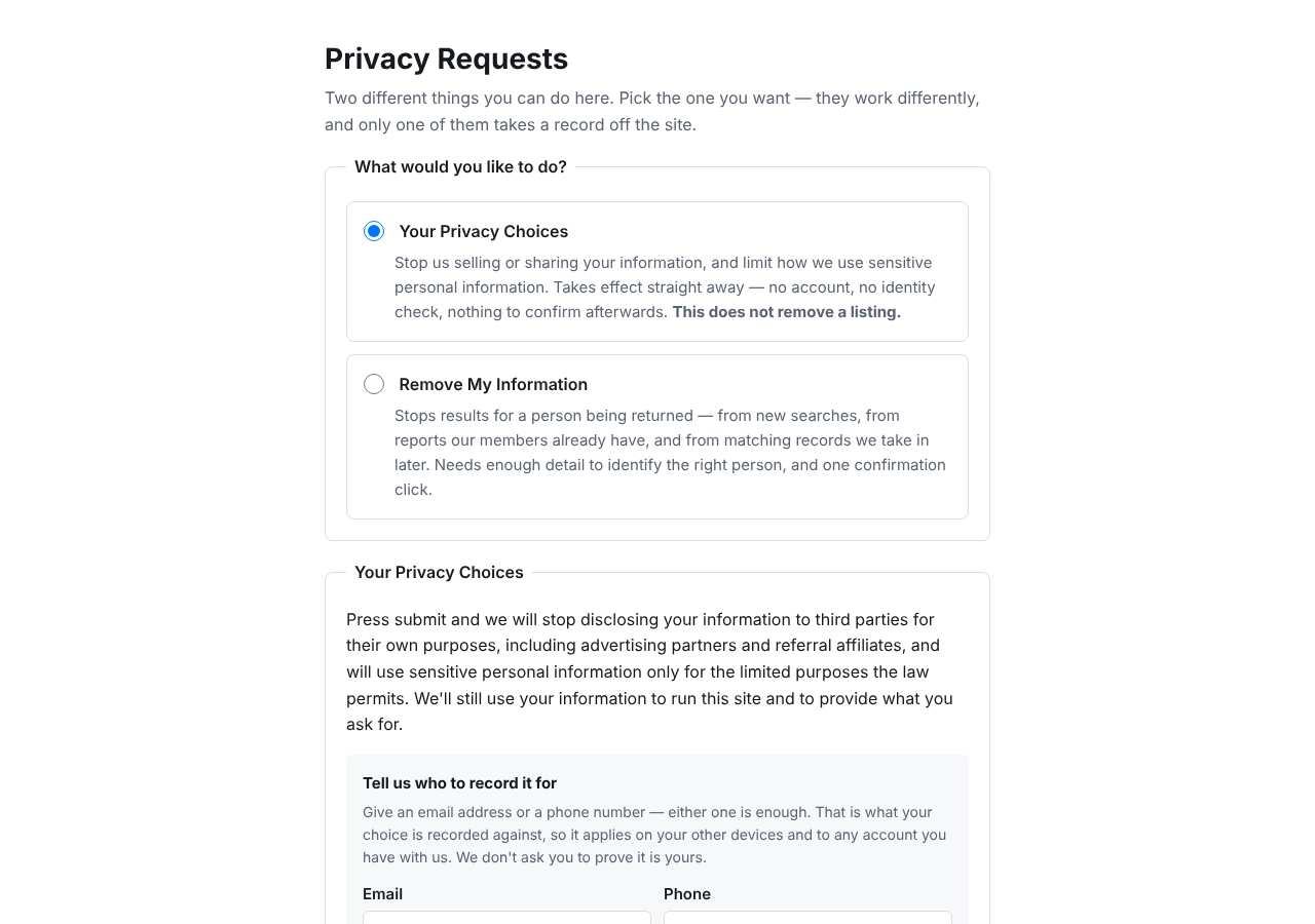 SealedRecords opt-out page as loaded on October 5, 2026