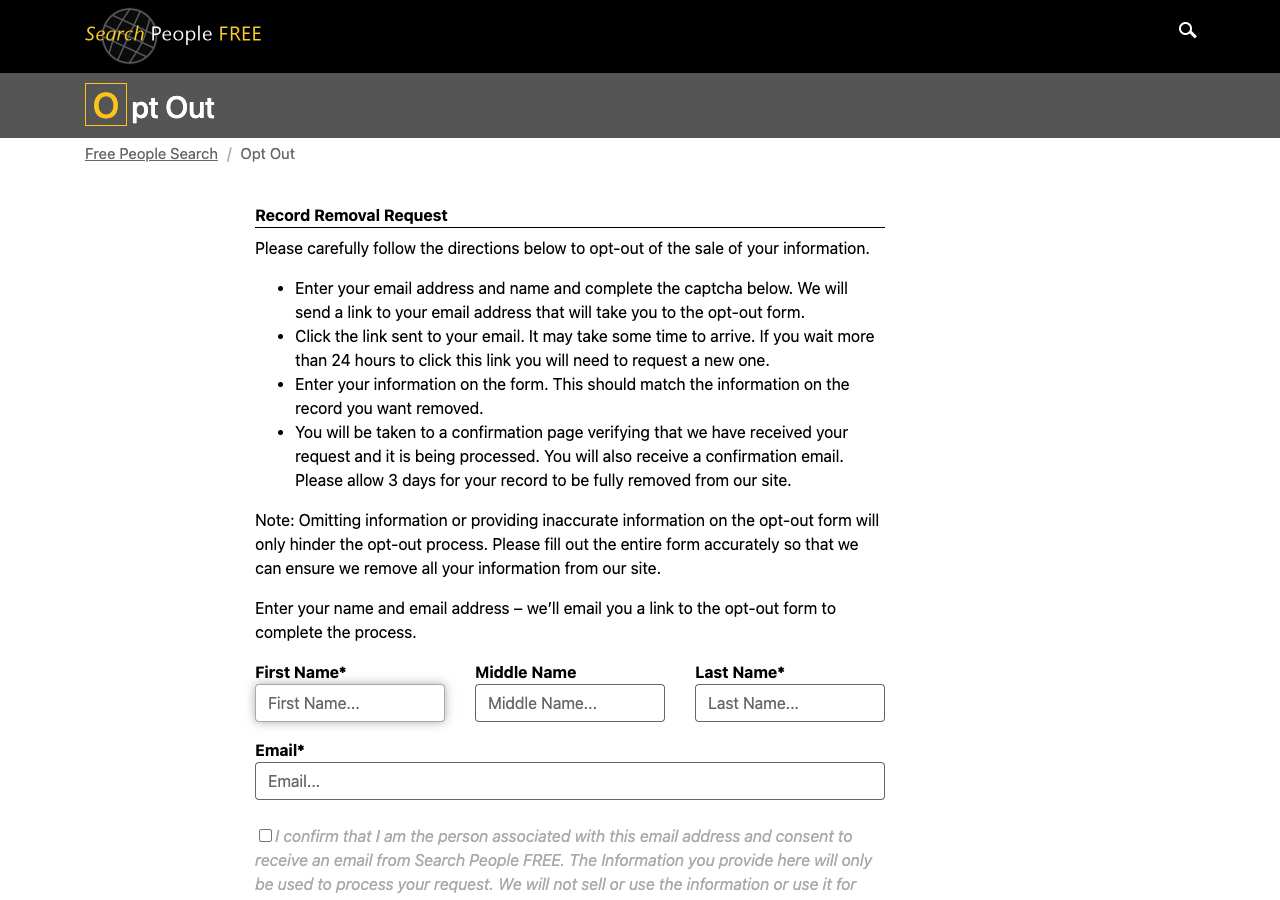 SearchPeopleFree opt-out page as loaded on October 5, 2026