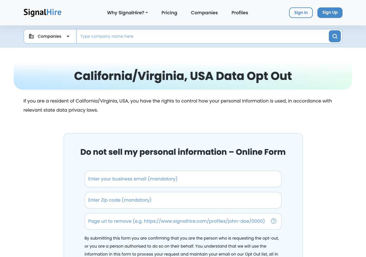 SignalHire opt-out page as loaded on October 5, 2026