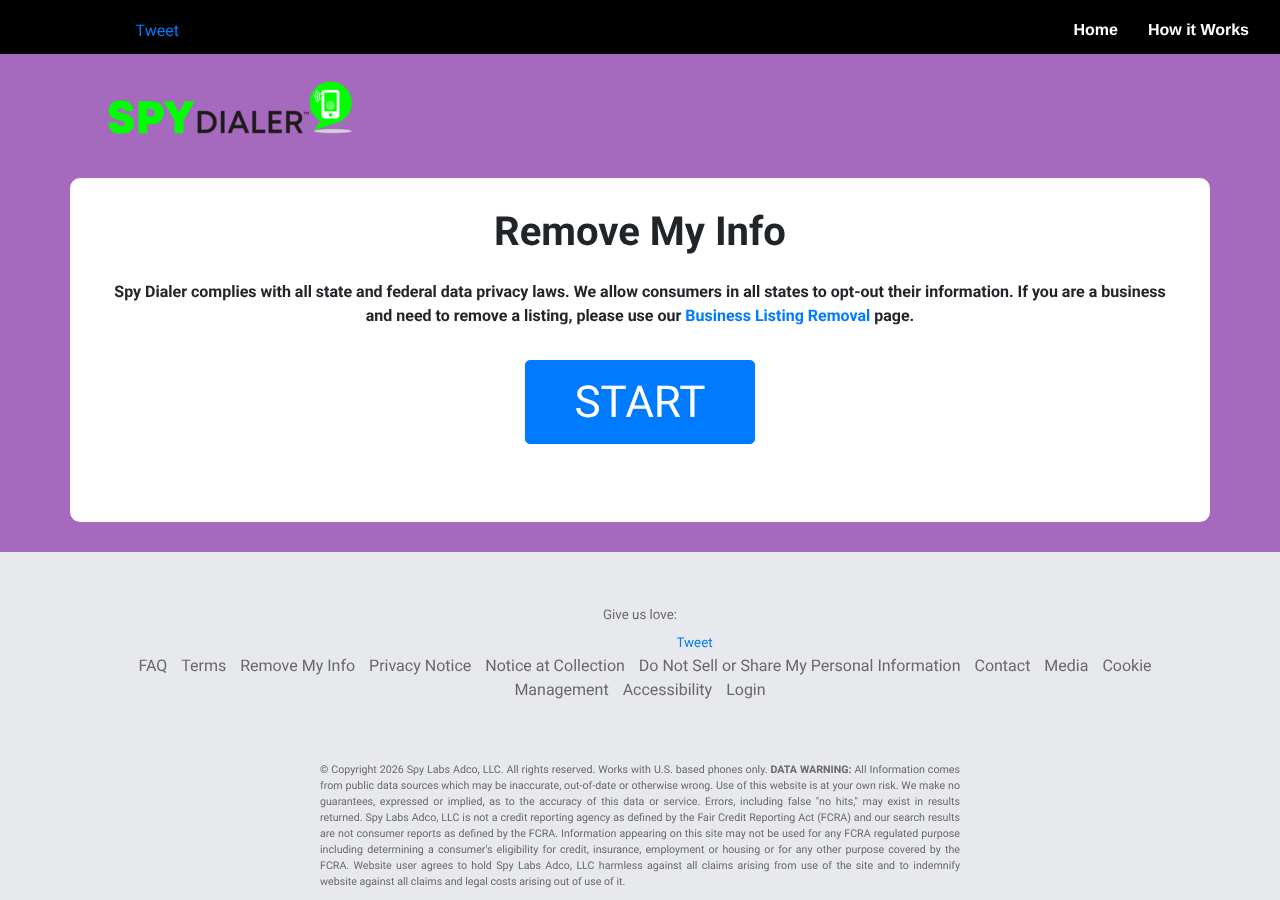 SpyDialer opt-out page as loaded on October 5, 2026