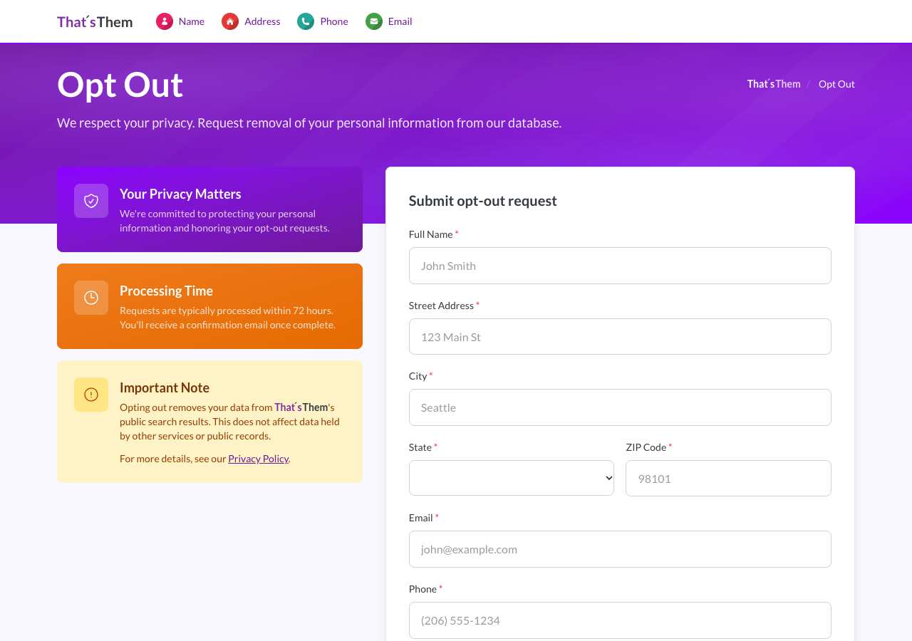 ThatsThem opt-out page as loaded on October 5, 2026