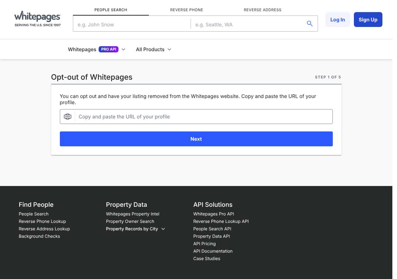 Whitepages opt-out page as loaded on October 5, 2026